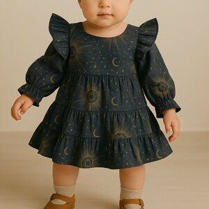 Kate Quinn Long Sleeve Tiered Ruffle Midi Dress Eye in the Sky Print Size‎ 6-12M